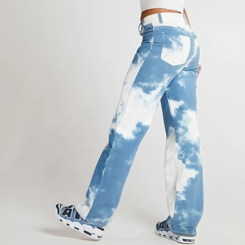 Tie Dye Print Straight Leg Jeans For Women