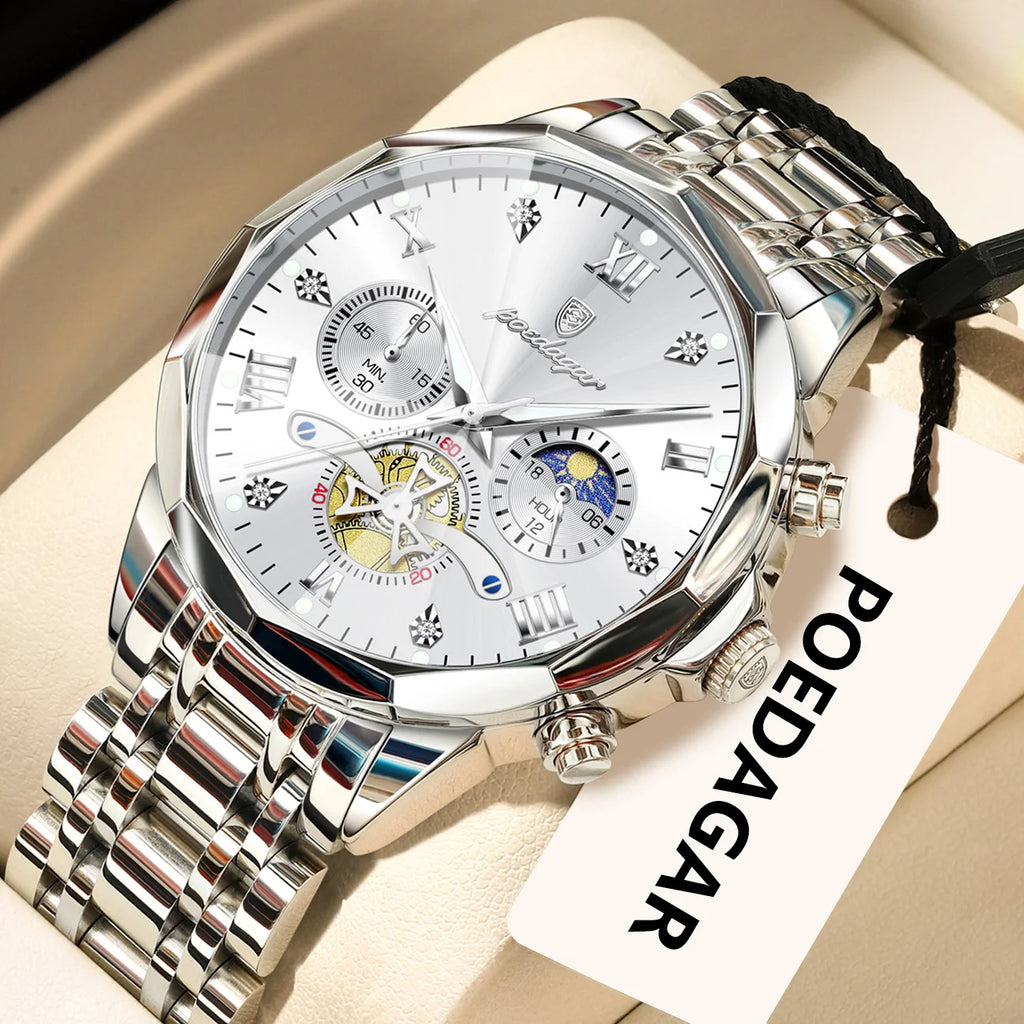 POEDAGAR Original Luxury Men's Watch Waterproof Luminous Chronograph Men Wristwatch Stainless Steel Quartz Watches For Man Reloj